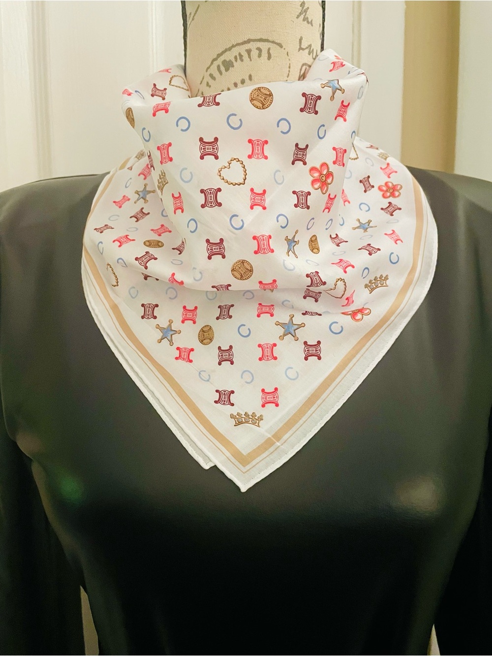Celine White Silk-Look Square Scarf with Red, Blue & Gold Motifs